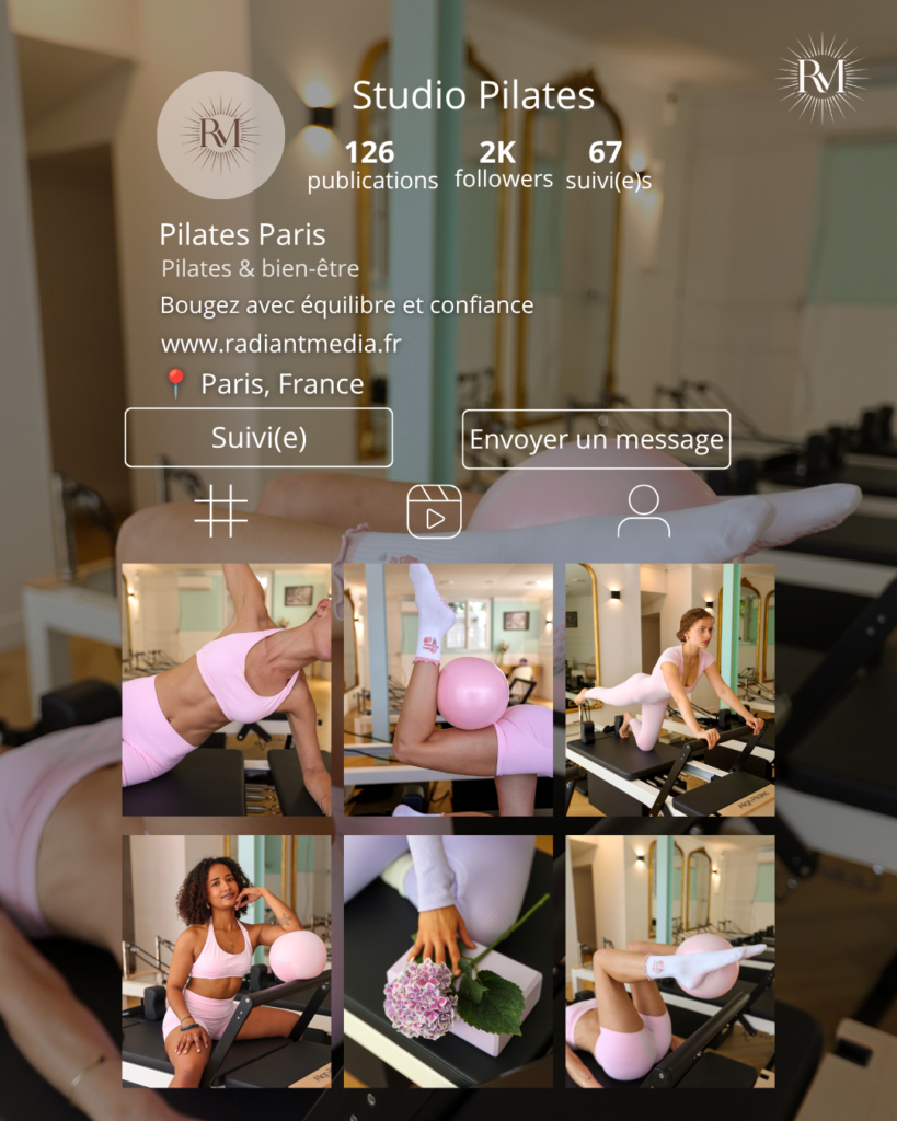 exemple de feed Instagram esthétique pour studio de pilates créé par Radiant Media